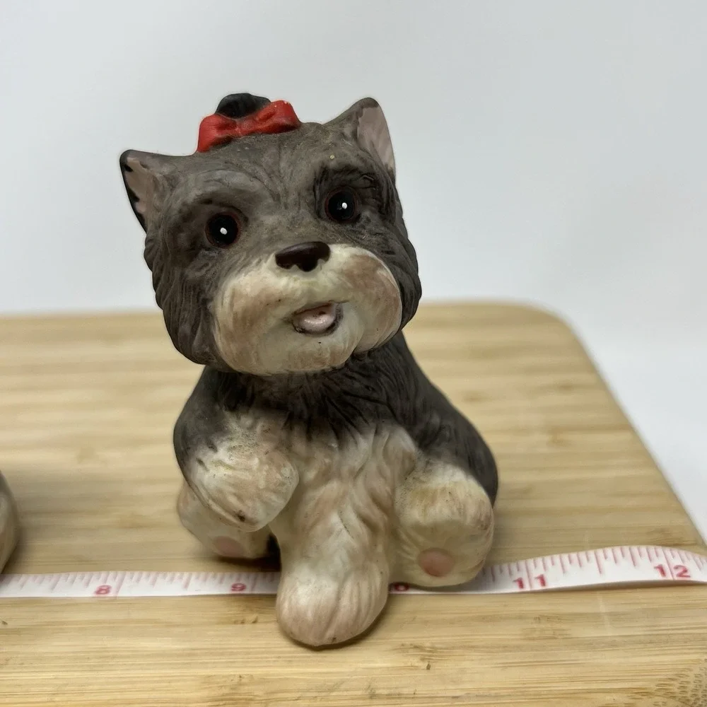 3 Homco Porcelain Terriers Dog‎ figurines #1475 Vintage 1970's Red Bow Puppy